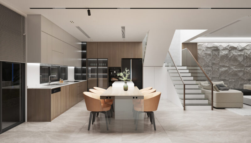 Modern kitchen detail with island and pendant lighting
