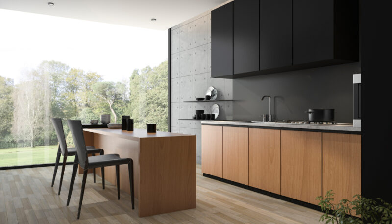 Vintage warm wood kitchen with brushed brass hardware