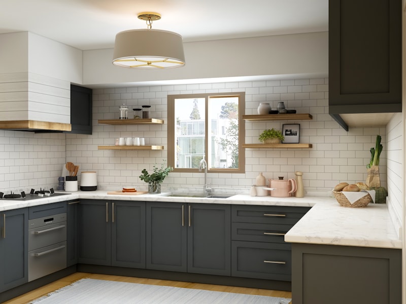 Farmhouse-style kitchen with navy cabinets, brass fixtures, and butcher block counters